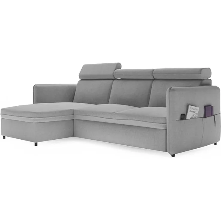 Hellgraues Ecksofa (mit Schlaffunktion und Stauraum), Maße 220 x 160 cm.