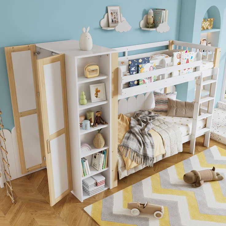 Merax Etagenbett, 90x200cm Kinderbett mit Fallschutz und Gitter, mit 4-stufiger Leiter, 6 offenen Regalen, Kleiderschrank seitlich, Reichlich Stauraum, Kiefer+PB, Weiß+Natur – Bild 3