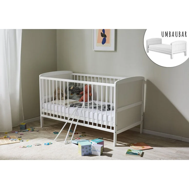 Babybett Kinderbett 70x140 mit Matratze Umbaubares Gitterbett höhenverstellbar & herausnehmbare Sprossen | Weiss Vollholz Kiefer Made in Europe – Bild 5