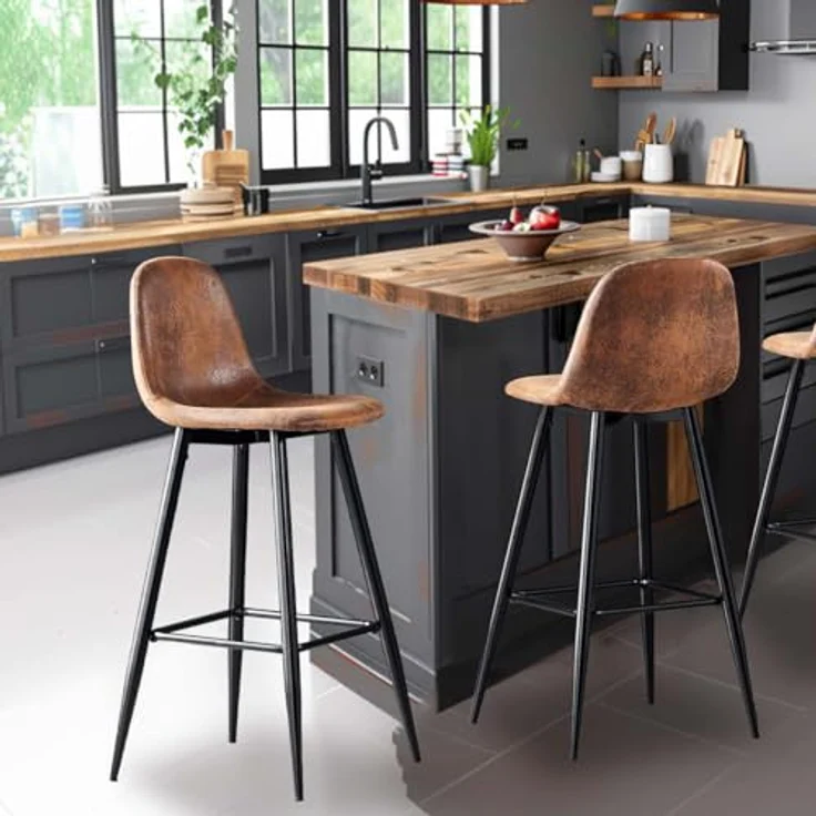 MEUBLE COSY Barhocker 2er Set Barstuhl Vintage mit Lehne und Fußstütze Sitzhöhe 76 cm aus Wildleder Metallbeine für Bar Bistro Café Küche, Kunstleder, Industrie-Design, Braun – Bild 3