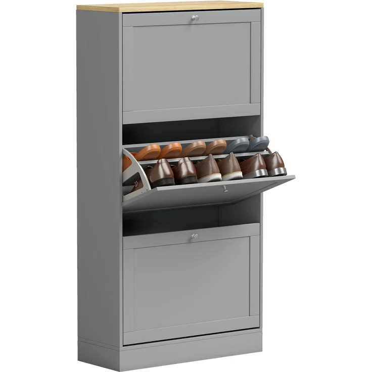 Schuhschrank für 18 Paar Schuhe, Schuhschrank mit 3 Klappschubladen, verstellbaren Einlegeböden, 60 x 23,5 x 115 cm, grau – Bild 1
