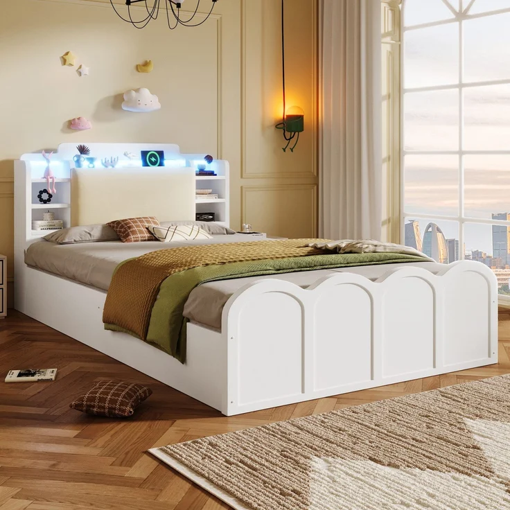 Holzbett mit RGB LED-Streifen, Stauraum, Lattenrost, Kopfteil mit Polsterung, Regal, USB, Type-C, 90x200cm, Einzelbett, Stauraumbett, Jugendbett – Bild 4
