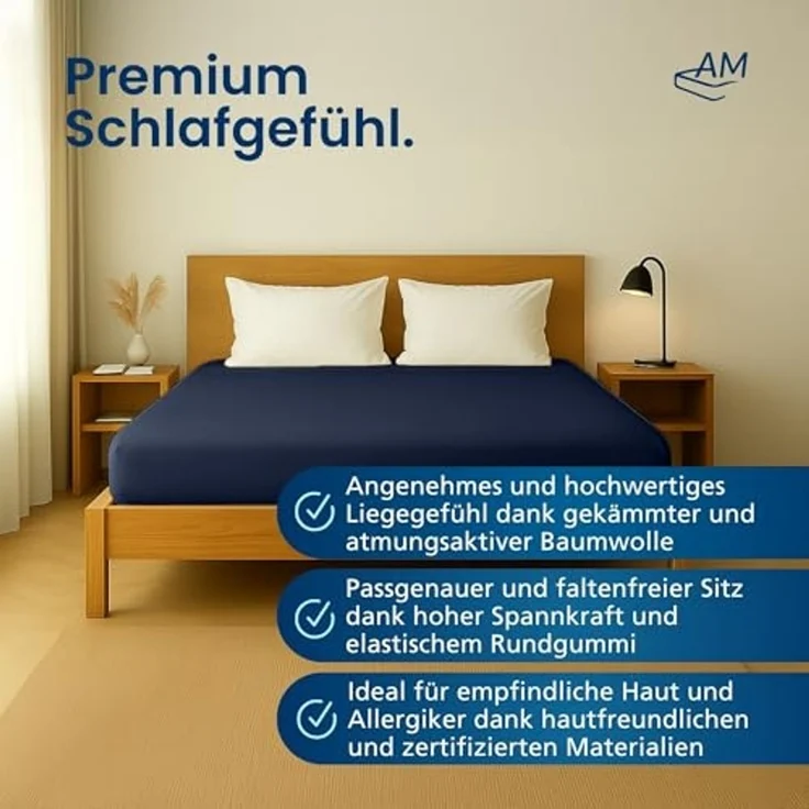 AM Qualitätsmatratzen Spannbettlaken Baumwolle in dunkelblau, Bettlaken für Matratzen, Made in Germany, Baumwolle, Gummizug: rundum, (1 Stück), 100x200x30 – Bild 2