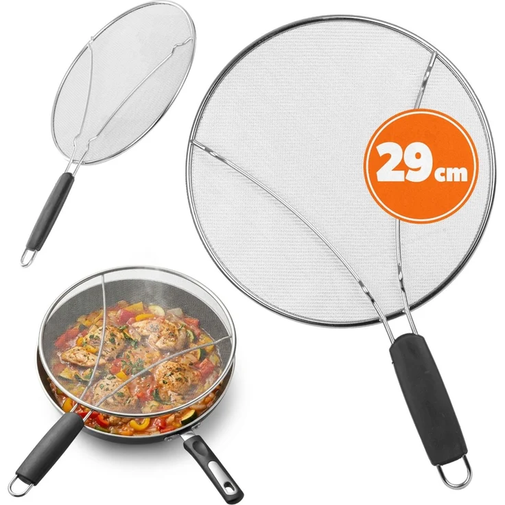 KADAX Pfannen Spritzschutz Ø 29 cm, Edelstahl Pfannenspritzschutz mit feinmaschigem Netz, Fettspritzschutz Deckel für Pfanne, Küchenhelfer gegen Ölspritze – Bild 1