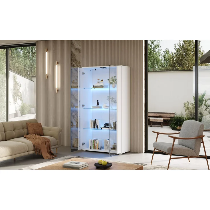 Vitrinenschrank mit 2 Glastüren, 4 Ablageflächen und verstellbarer LED-Beleuchtung – modernes Design für Wohnzimmer,Weiß,80×36×150cm--Weiß--80x36x150cm--YOUDENOVA – Bild 8