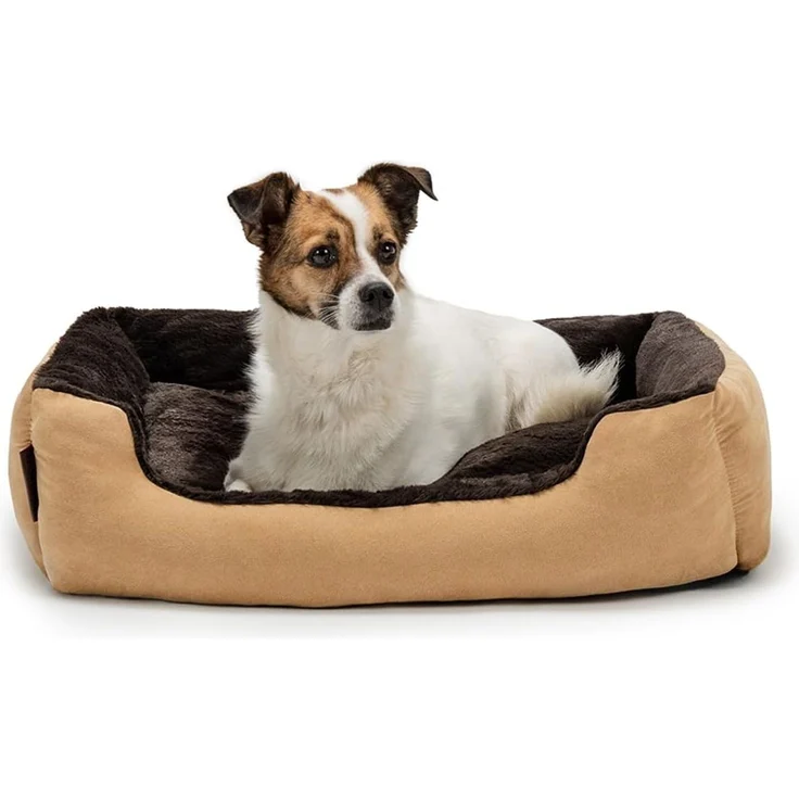 lionto Hundebett mit Wendekissen und Rutschfester Unterseite, Robustes Heimtierkissen mit tiefem Einstieg für Hunde und Katzen jeden Alters, 60x48 cm, kuscheliges Hundekissen, beige/braun