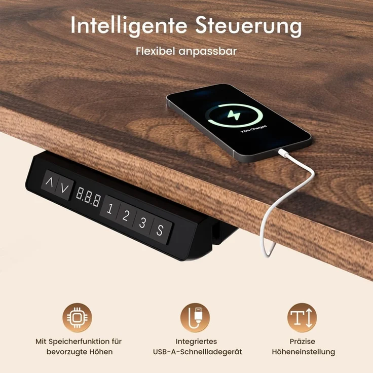 HOMAVO höhenverstellbarer Schreibtisch 80×180 cm, mit Memory- und Anti-Kollisionsfunktion, USB-A- und USB-C-Anschlüssen, Höhe 70–120 cm, Nussbaum – Bild 5