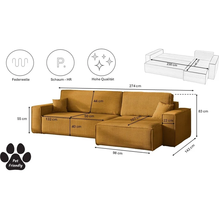 Kaiser Möbel Ecksofa mit schlaffunktion und bettkasten, BEST XL stoff Poso, Quelle, Verita, Mit Bettfunktion und Bettzeugfach – Bild 2