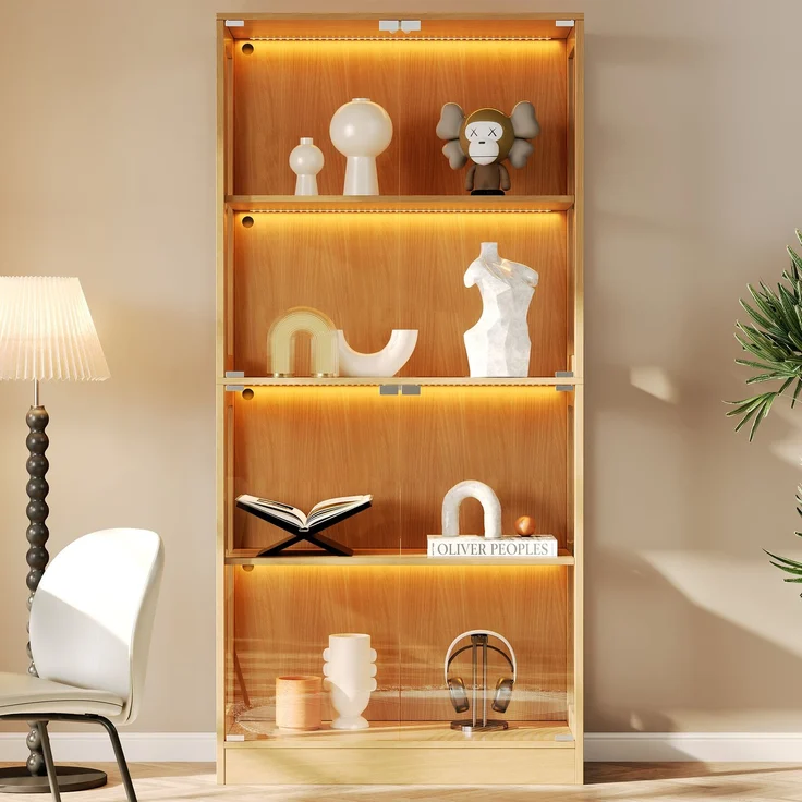 Flieks LED-Vitrinenschrank 80 x 35 x 170 cm mit 4 Glastüren, 4 Ablagen und App-Steuerung, Naturholzfarbe – Bild 2