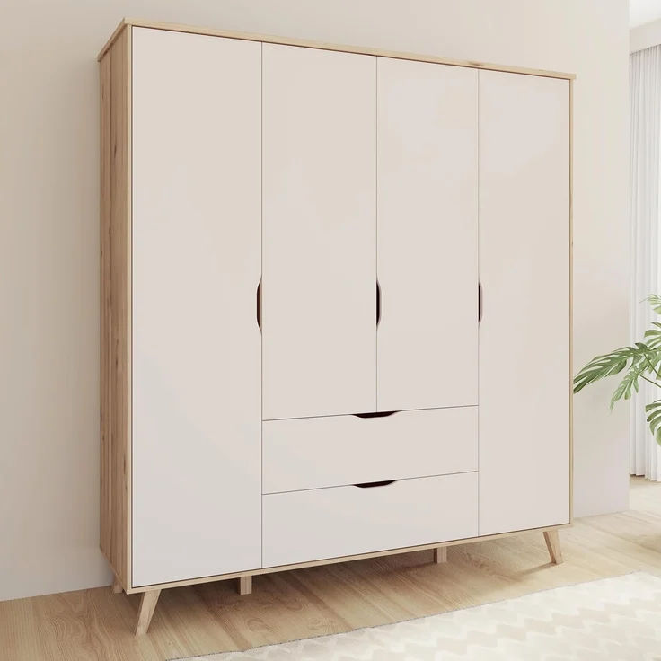 Forte VANKKA Kleiderschrank 185, Skandi Schrank mit 4 Drehtüren und 2 Schubladen, Filigrane Möbelbeine, Holzwerkstoff, Planked Eiche Holzdekor | Weiß, 184,1 cm breit x 201,5 cm hoch x 52,7 cm tief