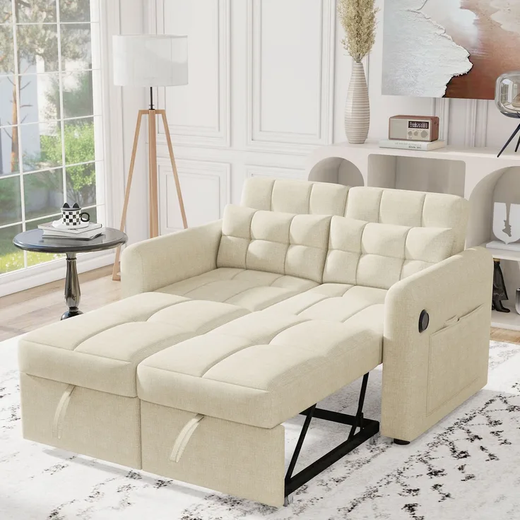 2-Sitzer Schlafsofa mit USB-Anschluss & verstellbarer Lehne, Baumwoll-Leinen, 142x85x83 cm, Beige