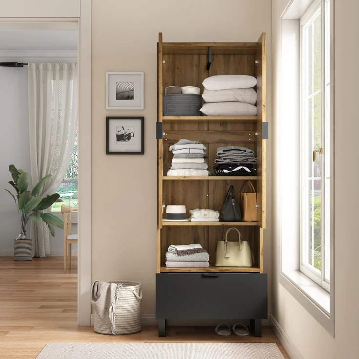 Garderobenschrank-1St, 1 Schubkästen, Ein Fach mit verstellbaren Einlegeböden,mit Kleiderstange--Natürlich--180x38x65cm--YOUDENOVA – Bild 2