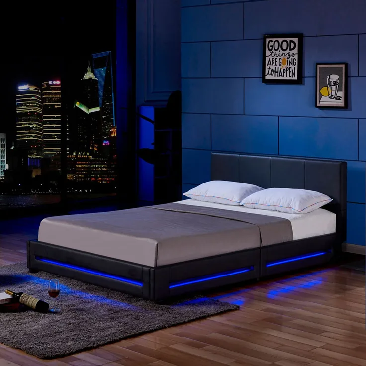 Home Deluxe Polsterbett mit LED-Beleuchtung 'ASTEROID' Schwarz 160x200 cm, ohne Matratze