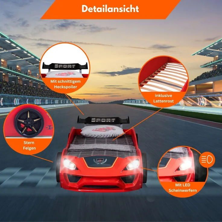 TRAUMMÖBEL Autobett TURBO V2 Kinderbett im Rennwagen-Design mit Lattenrost