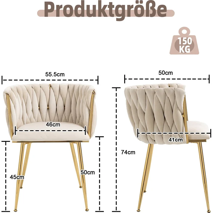 Elfenbein-Farbenes Samt-Esszimmerstuhl-Set (2er) mit goldenen Beinen – Bild 10