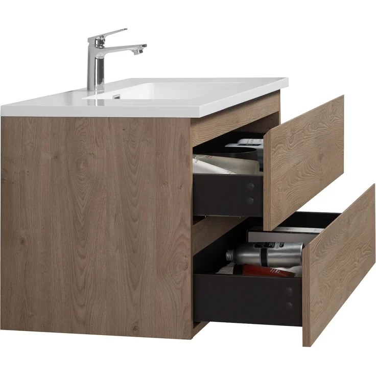 Badplaats Badmöbel Set mit Waschbecken und Unterschrank Angela 100 x 48 cm Kastanien Eiche - Waschbeckenunterschrank mit Soft-Close und Waschbecken, Vorgemontiert – Bild 6