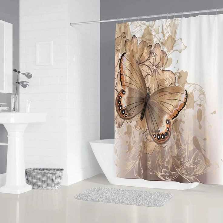 M&W DAS DESIGN Duschvorhang 180x200 Shower curtains Anti schimmel Waschbar golden Schmetterling – Bild 2