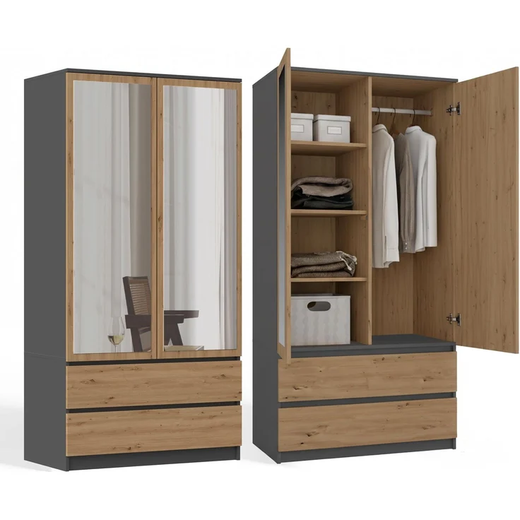 CDF Kleiderschrank + Spiegel 90cm breit 2-türig Flurschrank 2 Schubladen