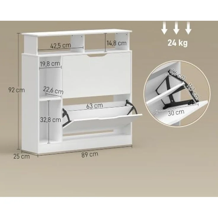 HOMCOM Schuhkipper Schuhaufbewahrung Schuhkommode mit 2 Klappen, schmal, offenem Fach (Schuhschrank, 1 St, Schuhregal), für Flur, Eingang 89 x 25 x 92 cm Weiß – Bild 3