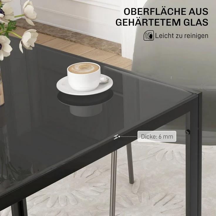HOMCOM Esstisch für 4 Personen, aus Hartglas (Esszimmertisch, 1-St, Küchentisch), bis 80 kg belastbar, für Küche, Esszimmer, 75 x 75 x 75 cm, Schwarz – Bild 4