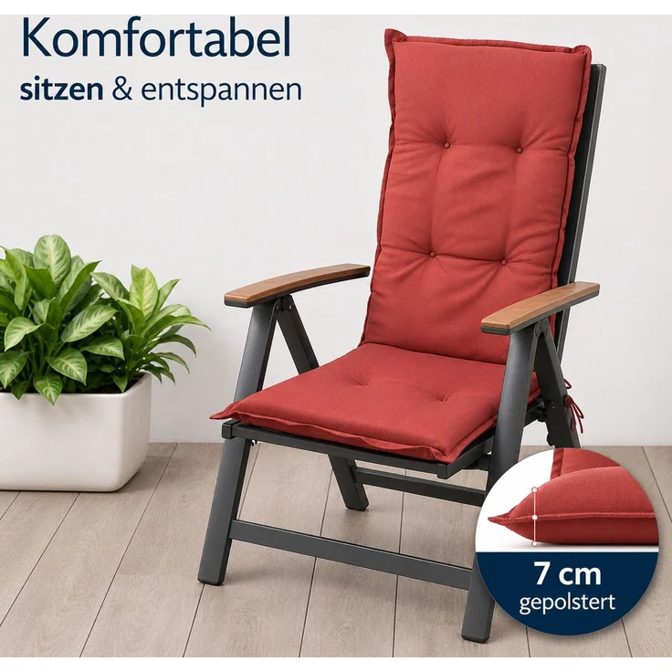 BURI 4x Hochlehner Auflage 117x49x6 cm - wetterfeste Gartenstuhlauflage mit Schaumkern & Vollvlies, Halteband & Bindebänder, bequemes Stuhlpolster für Balkon, Terrasse & Garten (Rot) – Bild 3