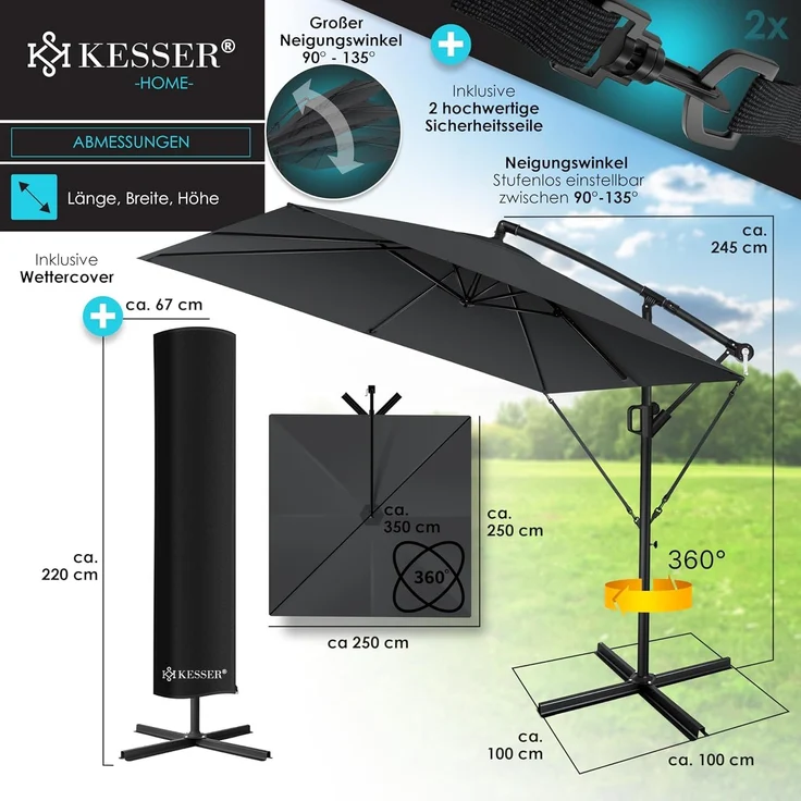 KESSER® 'Holly' Ampelschirm ohne LED Solar, inkl. Ständer, Abdeckung & Windsicherung mit Kurbel, Aluminium anthrazit, Ø 350 cm – Bild 7