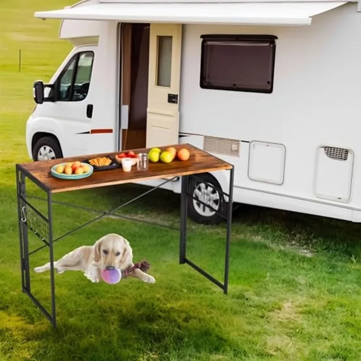 FurnitureR Campingtisch faltbar 100x50cm - Outdoor Tisch mit Haken & Stahlrahmen, 5,5cm flach, rostfrei, 50kg für Wohnmobil, Van (Braun Holzoptik)
