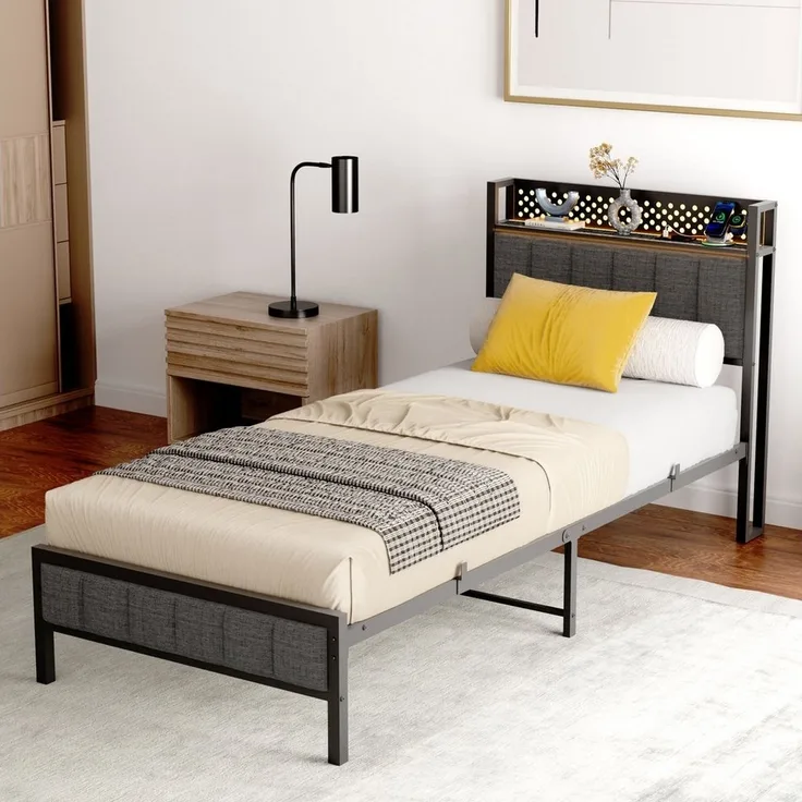 HAUSS SPOLE Polsterbett Metallbett Bettgestell Jugendbett mit USB-Port, LED--Licht,90×200cm