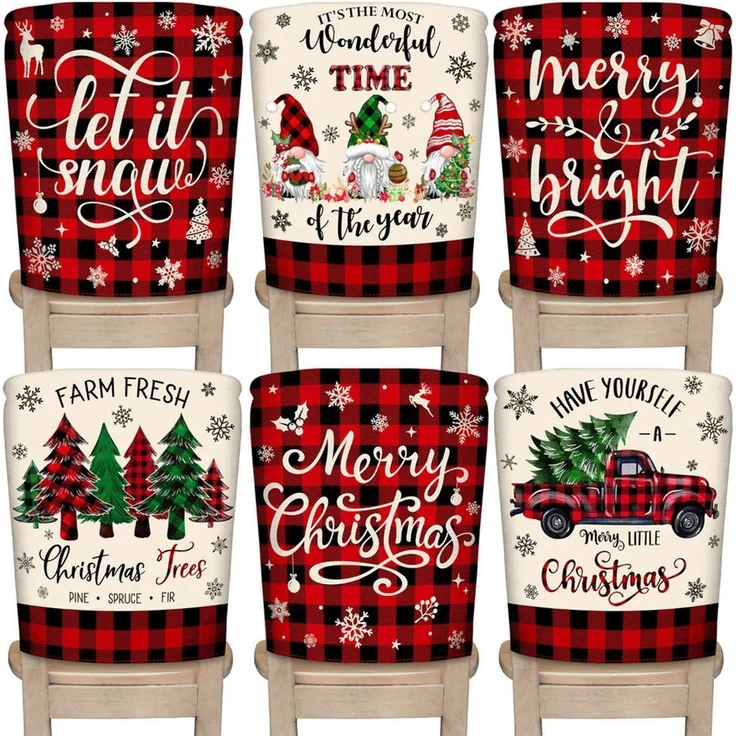 CLTYQ Stuhlhusse 6er-Set Weihnachtsstuhlhussen, Hussen-Set Waschbar, Weihnachtsdeko, rot-schwarz kariert, mit Zwergen- und Weihnachtsbaummotiven – Bild 1