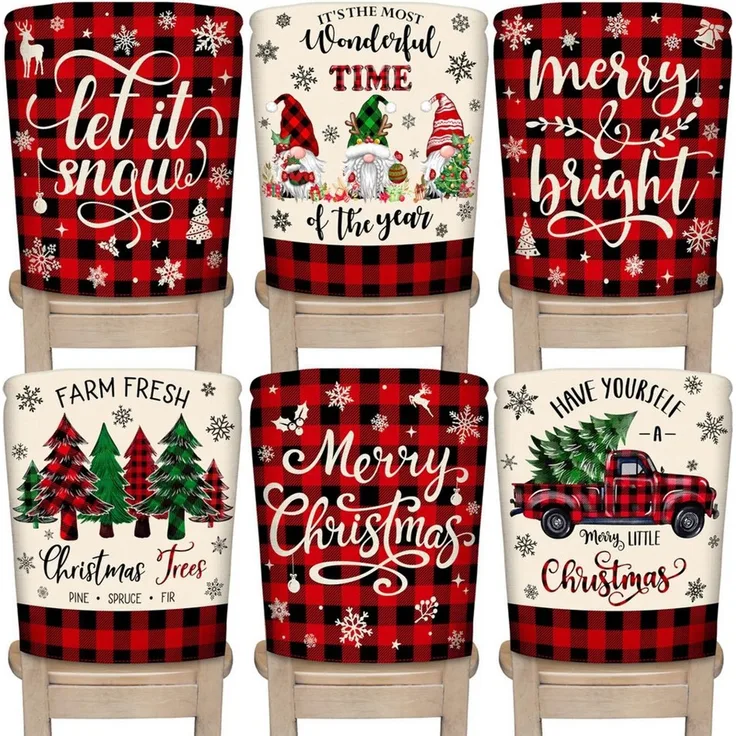 CLTYQ Stuhlhusse 6er-Set Weihnachtsstuhlhussen, Hussen-Set Waschbar, Weihnachtsdeko, rot-schwarz kariert, mit Zwergen- und Weihnachtsbaummotiven