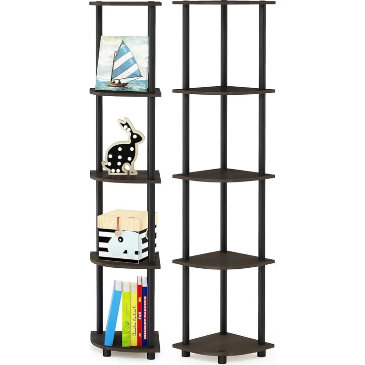 Furinno Turn-N-Tube 5-stufiges Eckregal-Mehrzweckregal, Dunkelbraune Maserung/Schwarz, 2er-Set