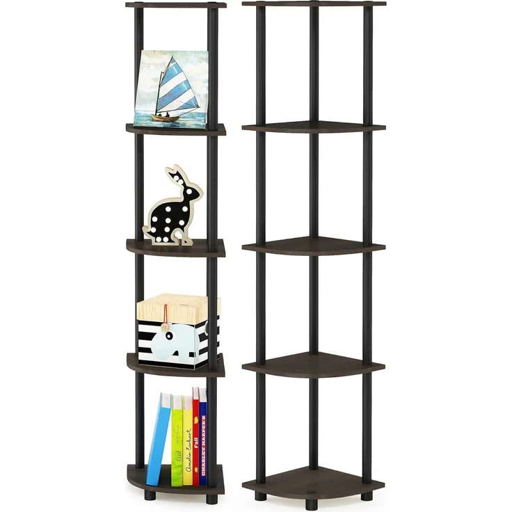 Furinno Turn-N-Tube 5-stufiges Eckregal-Mehrzweckregal, Dunkelbraune Maserung/Schwarz, 2er-Set – Bild 1