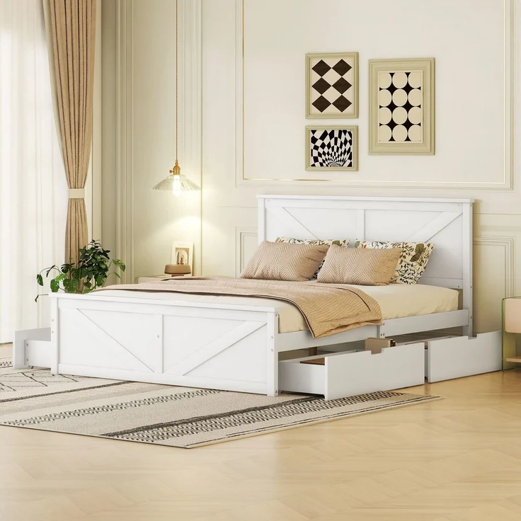 Massivholzbett, 160x200 cm, Doppelbett mit Lattenrost, Kopfteil und 4 Schubladen, Holzbett aus Kiefer – Bild 4