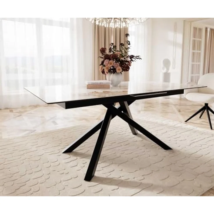 Esstisch Edge 180-220x100 Keramik Minas Melange Weiß-Beige Kreuzgestell Rechteck Schwarz ausziehbar – Bild 8