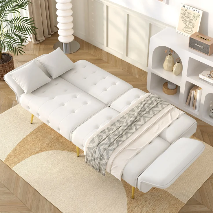 Sofabett 2-in-1 Samt,Zweisitzer mit verstellbarer Rückenlehne & Armlehnen, zum Gästebet,Weiß – Bild 4