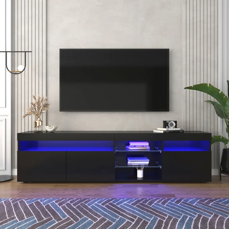Moderner TV-Schrank in Schwarz mit Hochglanzplatte und LED-Beleuchtung, 180 x 35 x 48 cm, 180x35x48 cm