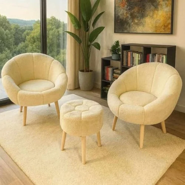 Hanah Home Elegantes Ohrensessel- und Pouf-Set (3-teilig), Creme, 100% Wellssoft-Stoff, 18 mm Melaminplatte | Perfekt für gemütliche Wohnräume – Bild 2