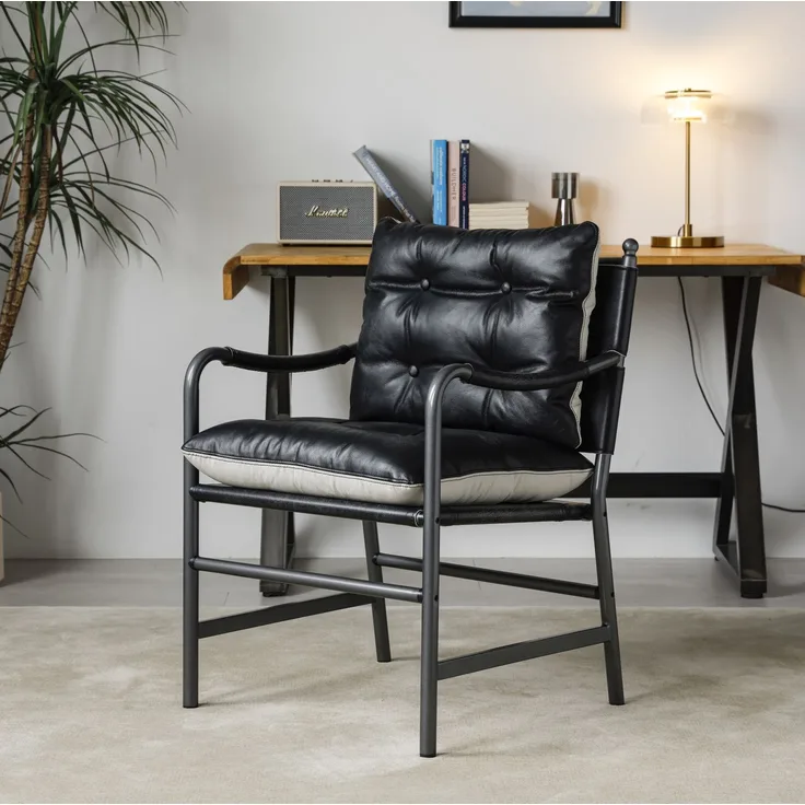 Akzentstuhl 60cm×62cm×90cm aus Leder und Metall – schwarzer Loungesessel im Mid-Century-Design