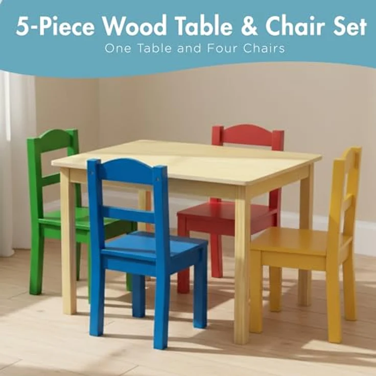 Humble Crew bunter Holztisch für Kinder, Natur/Primärfarben! Mit 4 Stühlen, ideal für Kinderzimmer. Fröhlichen Spielspaß schaffen – Bild 4
