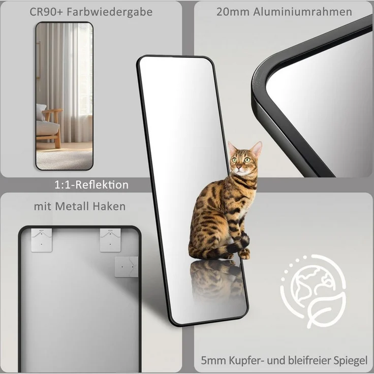 Boromal Ganzkörperspiegel Schwarz Standspiegel mit Rahmen 160x40cm 140x40cm Wandspiegel Groß (für Schlafzimmer Badezimmer Wohnzimmer Rechteckiger), Spiegel Groß