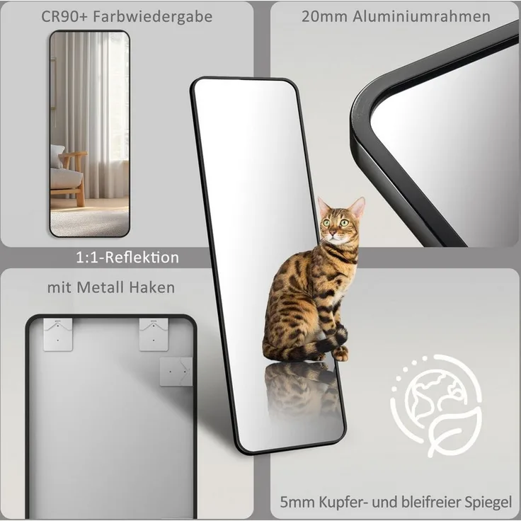 Boromal Ganzkörperspiegel Schwarz Standspiegel mit Rahmen 160x40cm 140x40cm Wandspiegel Groß (für Schlafzimmer Badezimmer Wohnzimmer Rechteckiger), Spiegel Groß