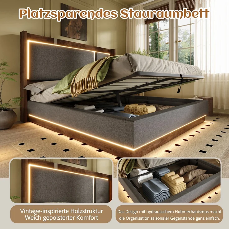LVHOM Doppelbett 180 x 200cm, Polsterbett mit hydraulischem Stauraum, Boxspringbett mit LED und hohem Kopfteil, Linen, Beige – Bild 3