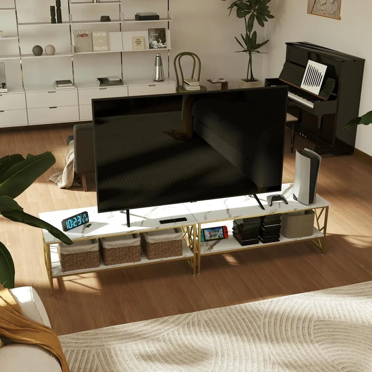 Wohnzimmertisch Weiß Marmor Couchtisch mit Stauraum Gold Tisch – Bild 5