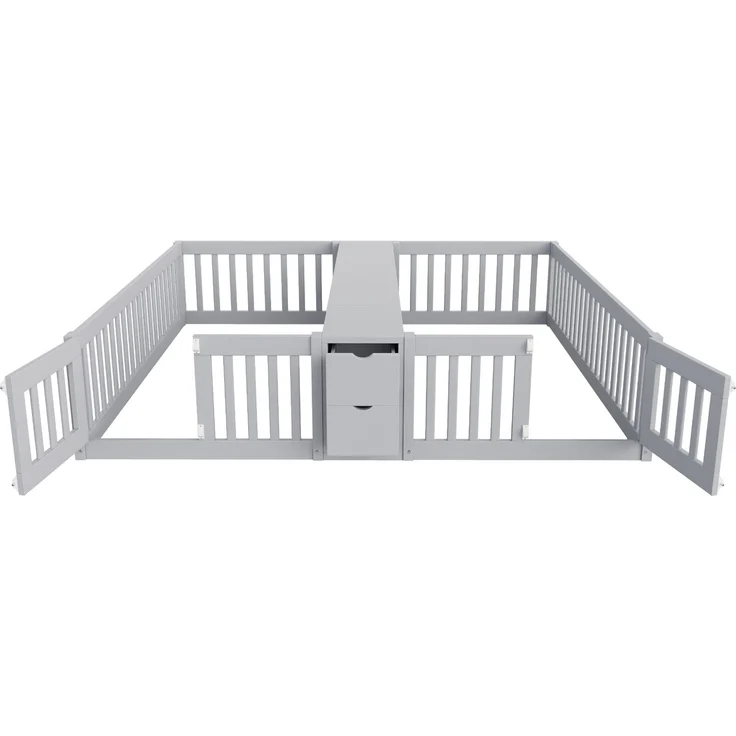EINHOM Holzbett 90 x 200 cm, mit Schublade und Doppelstöckigem Regal, Kinder-Doppelbettgestell mit Sicherheitsgitter, Hohe Gitter, Holz, Grau, (Ohne Matratze) – Bild 5