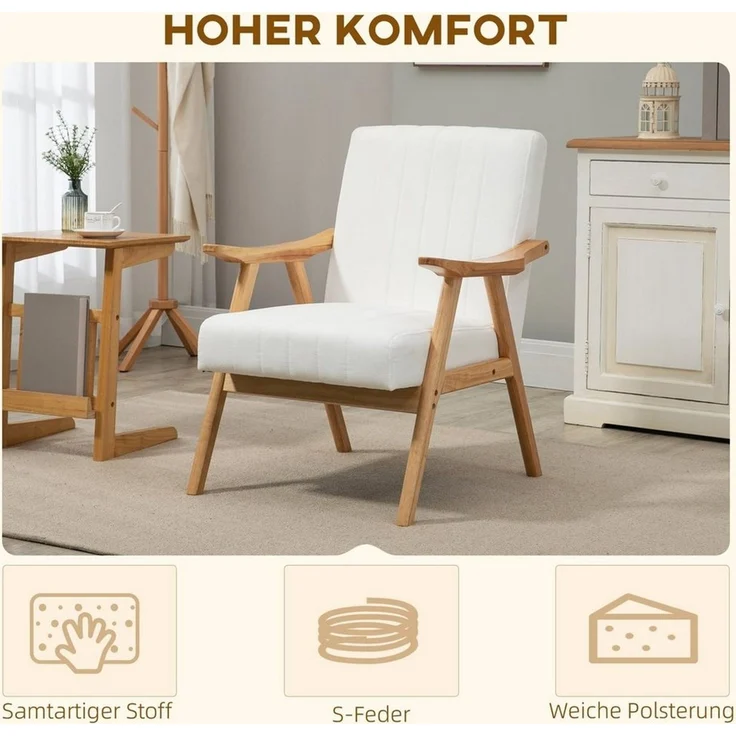 HOMCOM Relaxsessel Polsterstuhl mit Armlehnen in Samtoptik (Loungesessel, 1-St, Ohrensessel), Cremeweiß 68 x 74 x 82 cm – Bild 3