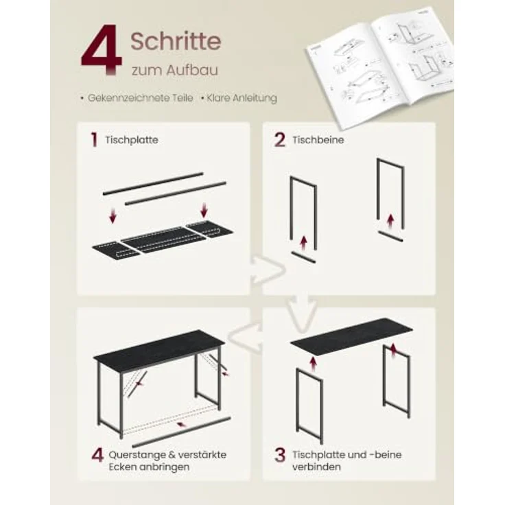 VASAGLE Tisch, Computertisch, Bürotisch, 140 x 50 x 76 cm | Für Arbeitszimmer, Schlafzimmer, Wohnzimmer, Ebenholzschwarz-Mattschwarz, BARNET Kollektion LWD043B56 – Bild 6
