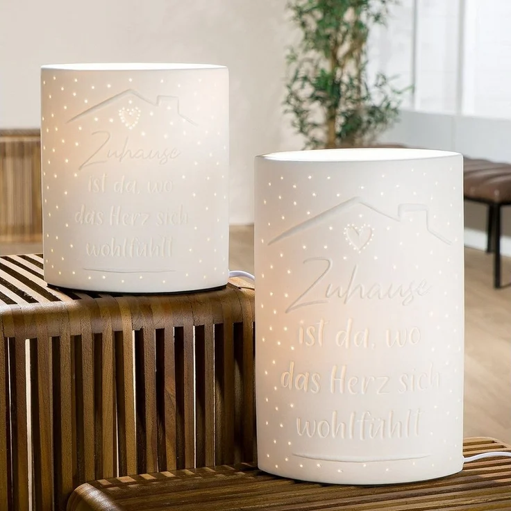 GILDE Schreibtischlampe Tischleuchte Zuhause Weißes Porzellan mit Herzlichen Spruch – Bild 1