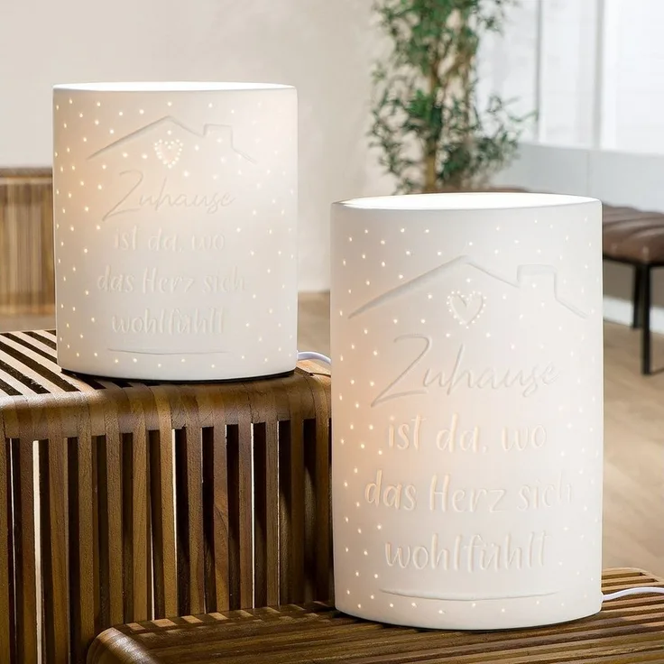 GILDE Schreibtischlampe Tischleuchte Zuhause Weißes Porzellan mit Herzlichen Spruch