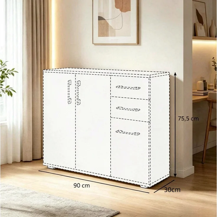 DESVIAE Sideboard Weiß/Natur aus Spanplatte – 90x75,5x30 cm – 2 Schubladen, verstellbarer Einlegeboden – Bild 9