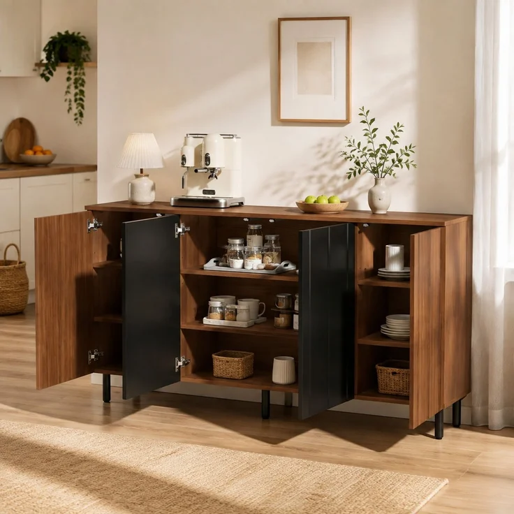 DESVIAE Sideboard mit 4 Türen 160x80x35 cm aus Spanplatte Nussbaumfarben/Schwarz – Bild 2